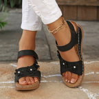 Casual Wedge Sandals Open Toe Floral Cut Out Mid Heels Summer Shoes