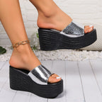 Casual Wedge Sandals Croco Pu Leather Pattern High Heels Open Toe Shoes