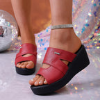 Women's Wedge Sandals Casual Pu Leather Strap Open Toe High Heel Shoes
