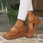 Casual Wedge Sandals Open Toe Floral Cut Out Mid Heels Summer Shoes
