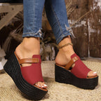 Women's Casual Wedge Sandals Open Toe Pu Leather High Heel Summer Shoes