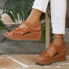 Casual Wedge Sandals Open Toe Floral Cut Out Mid Heels Summer Shoes