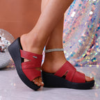 Women's Wedge Sandals Casual Pu Leather Strap Open Toe High Heel Shoes