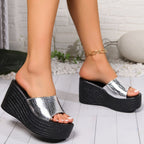 Casual Wedge Sandals Croco Pu Leather Pattern High Heels Open Toe Shoes