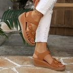 Casual Wedge Sandals Open Toe Floral Cut Out Mid Heels Summer Shoes