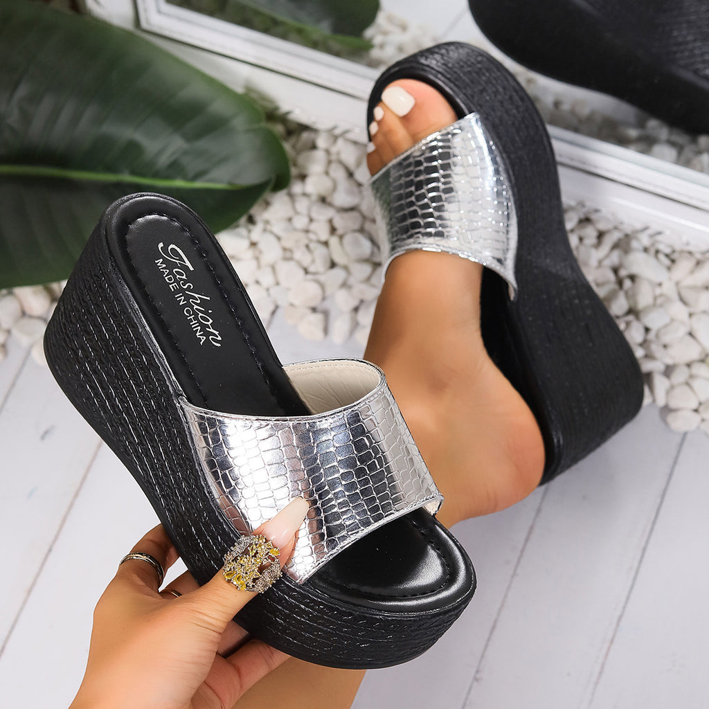 Casual Wedge Sandals Croco Pu Leather Pattern High Heels Open Toe Shoes