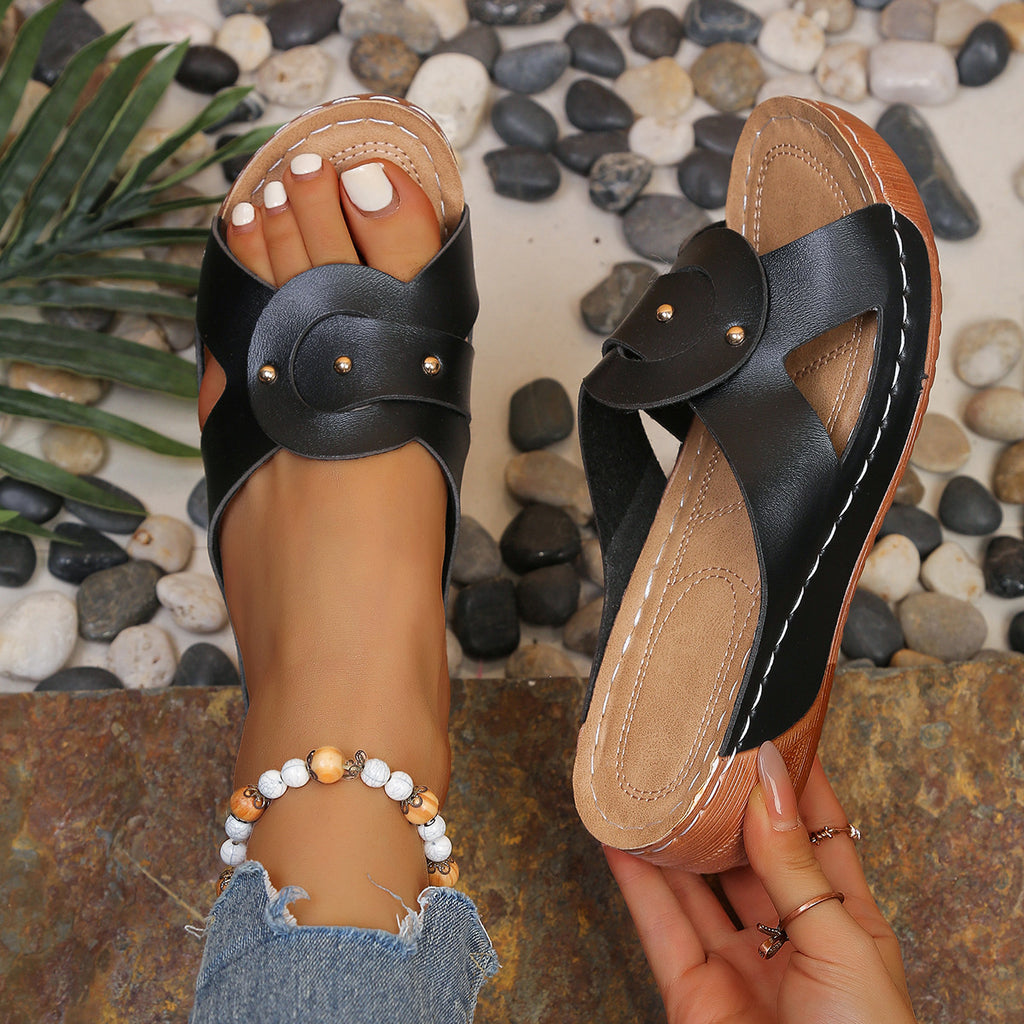 Casual Women's Wedge Sandals Open Toe Mid Heels Pu Leather Summer Shoes