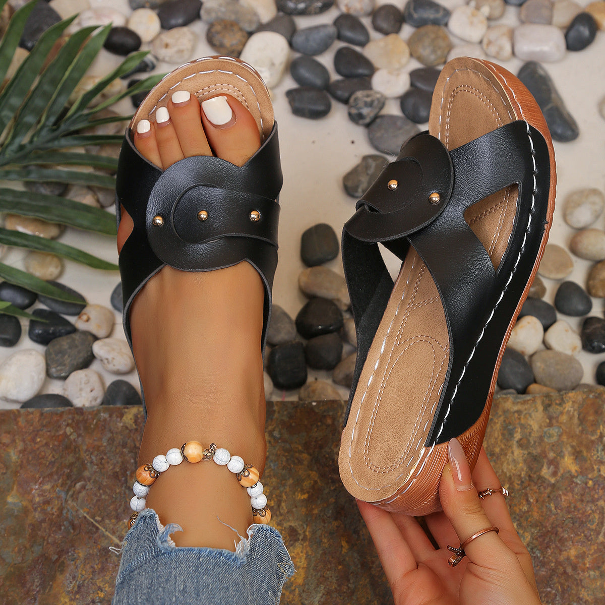 Casual Women's Wedge Sandals Open Toe Mid Heels Pu Leather Summer Shoes