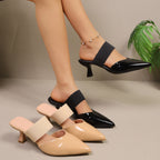 Women's Heel Sandals Point Toe Flare Strap Mid Heels Pu Leather Shoes