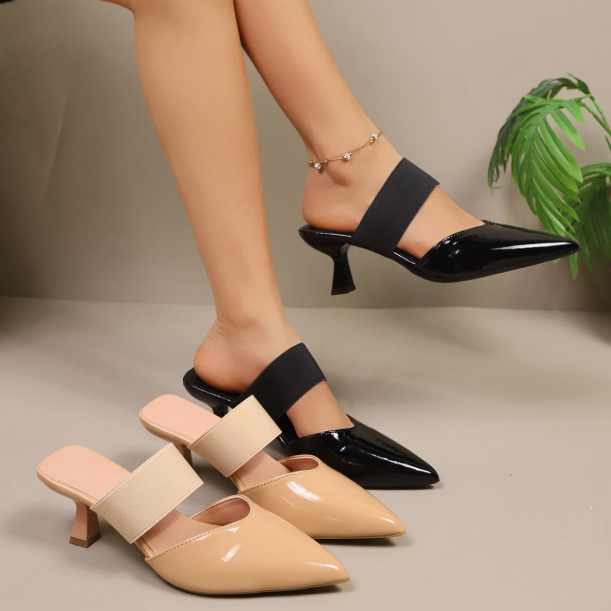 Women's Heel Sandals Point Toe Flare Strap Mid Heels Pu Leather Shoes