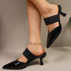 Women's Heel Sandals Point Toe Flare Strap Mid Heels Pu Leather Shoes