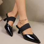 Women's Heel Sandals Point Toe Flare Strap Mid Heels Pu Leather Shoes