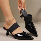 Women's Heel Sandals Point Toe Flare Strap Mid Heels Pu Leather Shoes