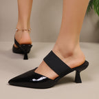 Women's Heel Sandals Point Toe Flare Strap Mid Heels Pu Leather Shoes