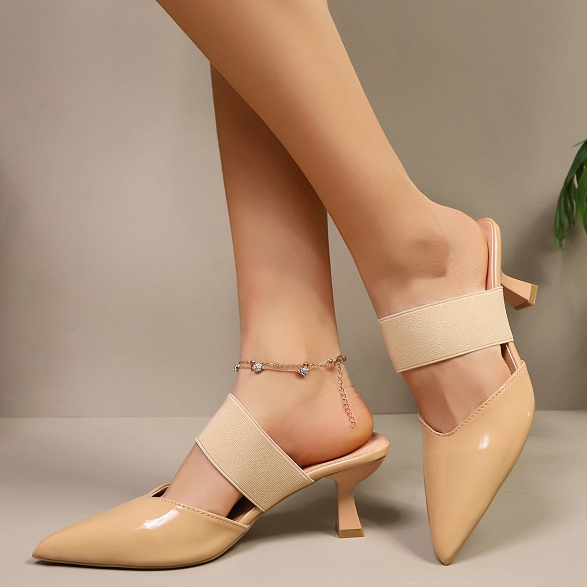Women's Heel Sandals Point Toe Flare Strap Mid Heels Pu Leather Shoes