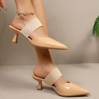 Women's Heel Sandals Point Toe Flare Strap Mid Heels Pu Leather Shoes