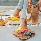 Women's Casual Wedge Sandals Toe Post Mid Heels Crocodile Pattern Shoes