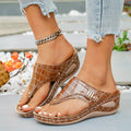 Women's Casual Wedge Sandals Toe Post Mid Heels Crocodile Pattern Shoes