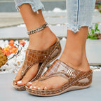 Women's Casual Wedge Sandals Toe Post Mid Heels Crocodile Pattern Shoes