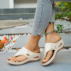 Women's Casual Wedge Sandals Toe Post Mid Heels Crocodile Pattern Shoes
