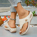 Women's Casual Wedge Sandals Toe Post Mid Heels Crocodile Pattern Shoes