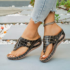 Women's Casual Wedge Sandals Toe Post Mid Heels Crocodile Pattern Shoes