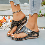 Women's Casual Wedge Sandals Toe Post Mid Heels Crocodile Pattern Shoes
