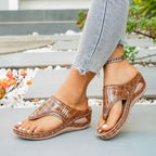 Women's Casual Wedge Sandals Toe Post Mid Heels Crocodile Pattern Shoes