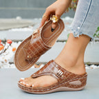 Women's Casual Wedge Sandals Toe Post Mid Heels Crocodile Pattern Shoes