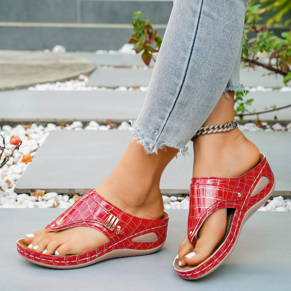 Women's Casual Wedge Sandals Toe Post Mid Heels Crocodile Pattern Shoes