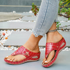 Women's Casual Wedge Sandals Toe Post Mid Heels Crocodile Pattern Shoes