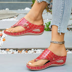 Women's Casual Wedge Sandals Toe Post Mid Heels Crocodile Pattern Shoes