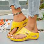 Women's Casual Wedge Sandals Toe Post Mid Heels Crocodile Pattern Shoes