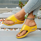Women's Casual Wedge Sandals Toe Post Mid Heels Crocodile Pattern Shoes