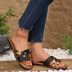 Women's Casual Flat Sandals Pu Leather Woven Strap Open Toe Summer Shoes