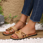Women's Casual Flat Sandals Pu Leather Woven Strap Open Toe Summer Shoes