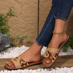 Women's Casual Flat Sandals Pu Leather Woven Strap Open Toe Summer Shoes