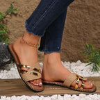 Women's Casual Flat Sandals Pu Leather Woven Strap Open Toe Summer Shoes