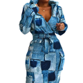 Printed Mini Dress Drawstring Elastic Waist V-Neck Long Sleeve Casual Cargo Pockets