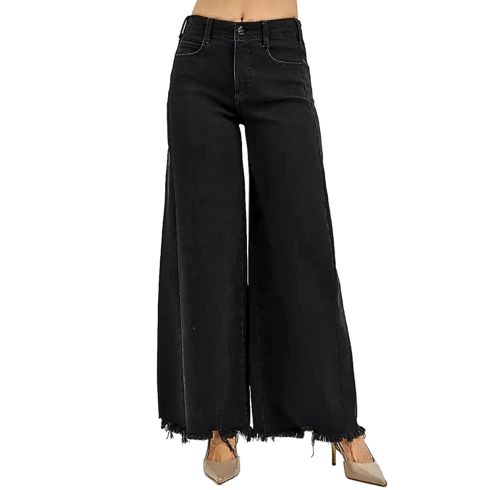 RISEN Black Jeans Wide Leg High Rise Raw Hem Tummy Control Casual Denim Pants