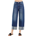 RISEN Crop Jeans Slouchy Barrel Cuffed Casual High Rise Plus Sizes Dark Wash