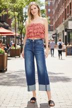 RISEN Crop Jeans Slouchy Barrel Cuffed Casual High Rise Plus Sizes Dark Wash