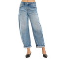 RISEN Jeans Barrel Fit Casual Ankle Cuffs Medium Wash Denim Pants