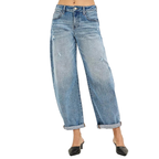 RISEN Τζιν Παντελόνι Barrel Fit Casual με Μανσέτες στον Αστράγαλο, Μεσαίας Απόχρωσης Τζιν
