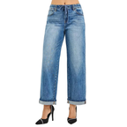 RISEN Jeans Boyfriend Drawstring Waist Casual Cuffed Hem Denim Pants