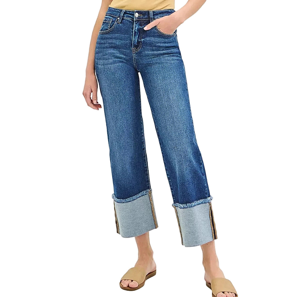 RISEN Jeans Casual Crop Wide Cuffed Mid Rise Dark Blue Denim Pants