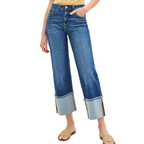 RISEN Jeans Legere Cropped Jeans mit weitem Bündchen mittelhoher Bund Dunkelblauer Denim