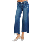 RISEN Jeans Τζιν Παντελόνι Crop Ευθύ Πόδι Ψηλόμεσο Ξεφτισμένο με Ξεφτισμένο Τελείωμα Σκούρο Ντένιμ