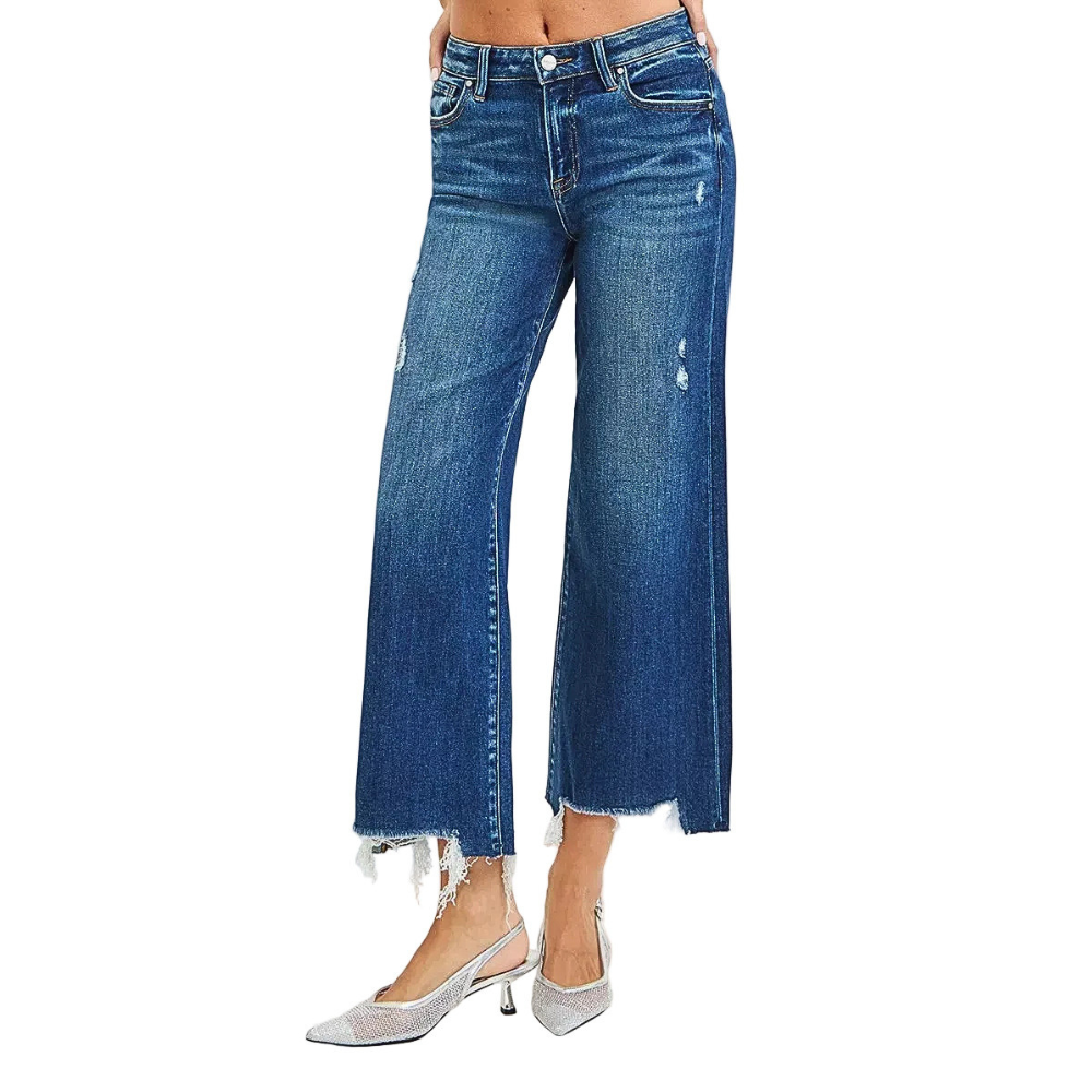 RISEN Jeans Crop Wide Leg High Rise Distressed Raw Hem Dark Denim Pants