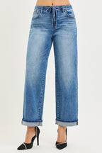 RISEN Jeans Boyfriend Drawstring Waist Casual Cuffed Hem Denim Pants
